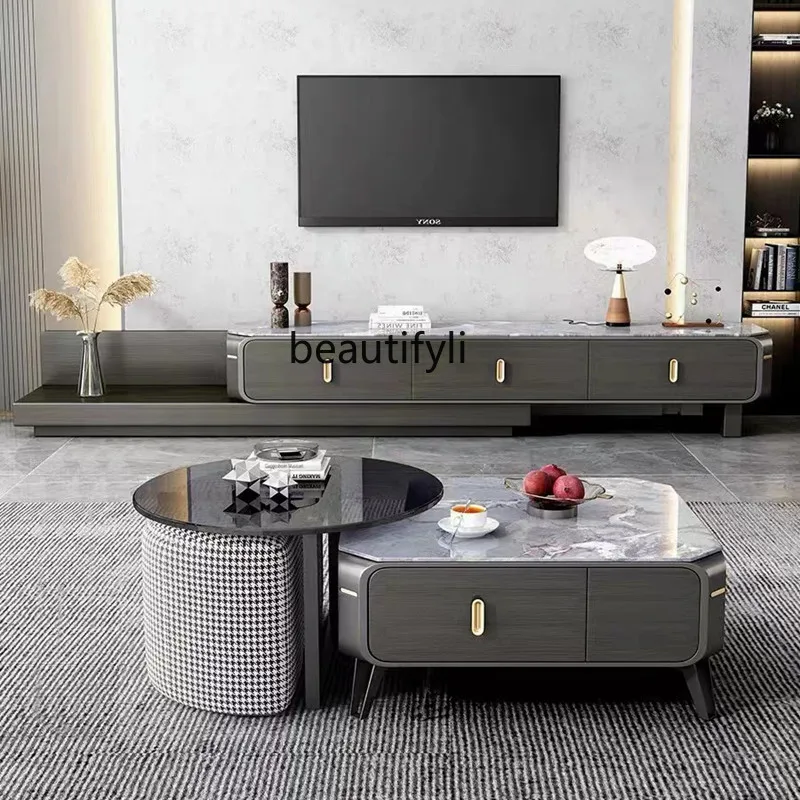 

Stone Plate TV Cabinet and Tea Table Retractable Italian Minimalist Floor Cabinet Modern Simple and Light Luxury