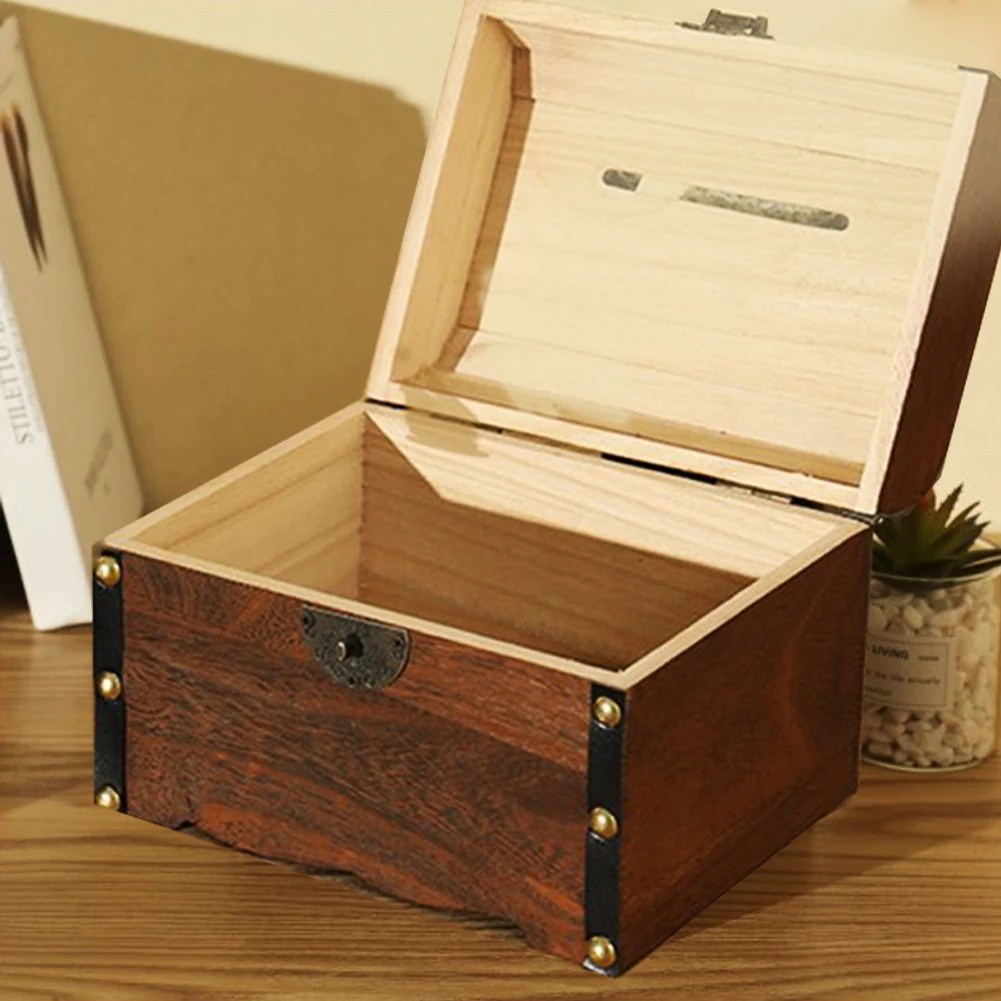 Vintage Treasure Storage Box Piggy Bank Organizer Saving Box Case With Lock For Home Retro Wooden Coin Box Treasure Case Gifts