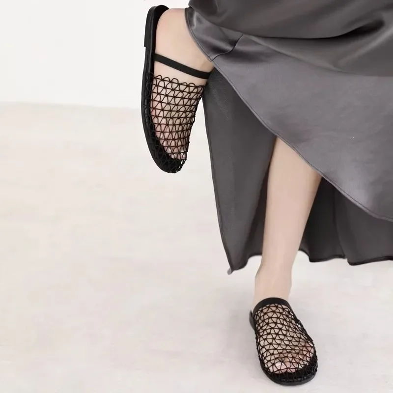 Women's Mesh Mules Fishnet Flat Sandals Breathable Summer Slides Elegant Slip-On Shoes Casual Cut-Out Loafers for Ladies Fashion