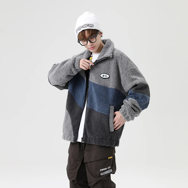Korean style winter youth student plus velvet jacket lambskin jacket men's trendy jacket cotton coat men