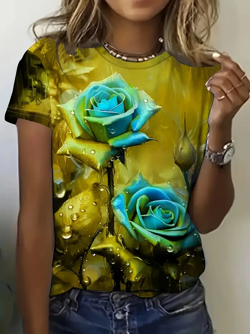 

Women's Plus Size T-shirt New Round Neck 3D Flower Print T-shirt Summer Fashion Short Sleeved Top Summer Top Women's Clothing
