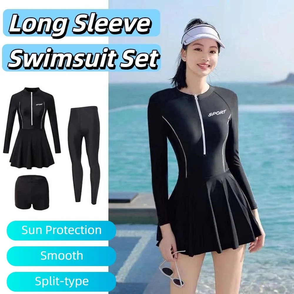 

3pcs Beachwear Long Sleeve Swimsuit Sun Protection Underwater Clothings Swim Dress with Pants Quick-Dry Solid Color