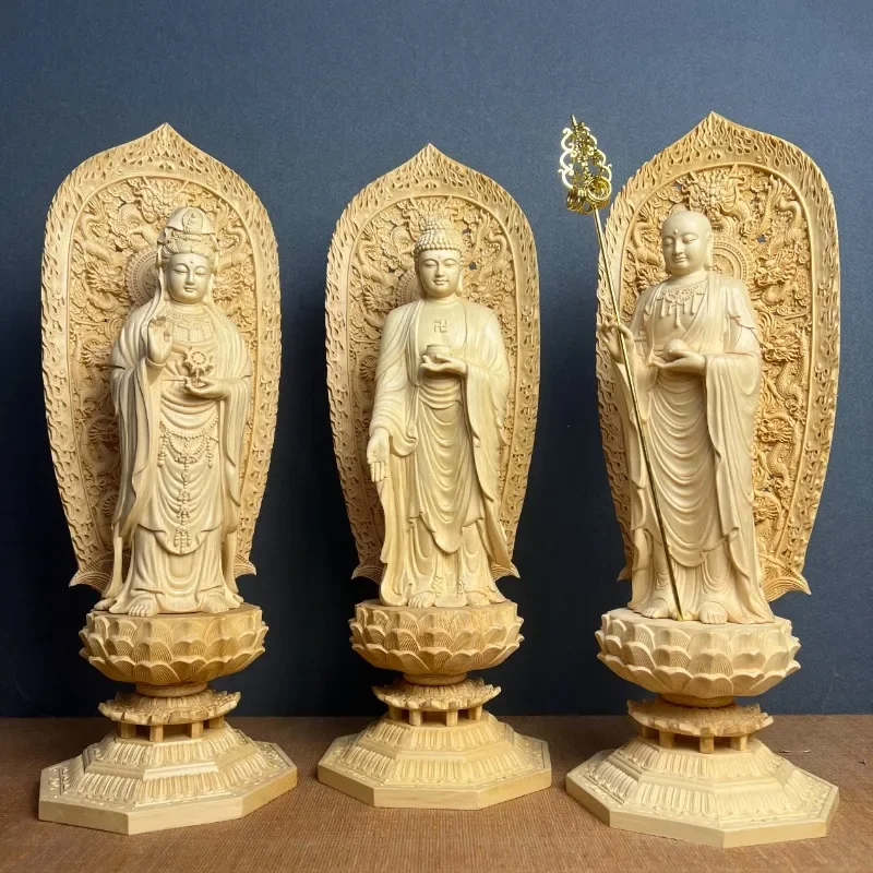 Hand Carved Hinoki Wood Saha Three Saints Set (3pcs) Statue - Shakyamuni Guanyin Ksitigarbha Ornament Home Temple Altar Decor