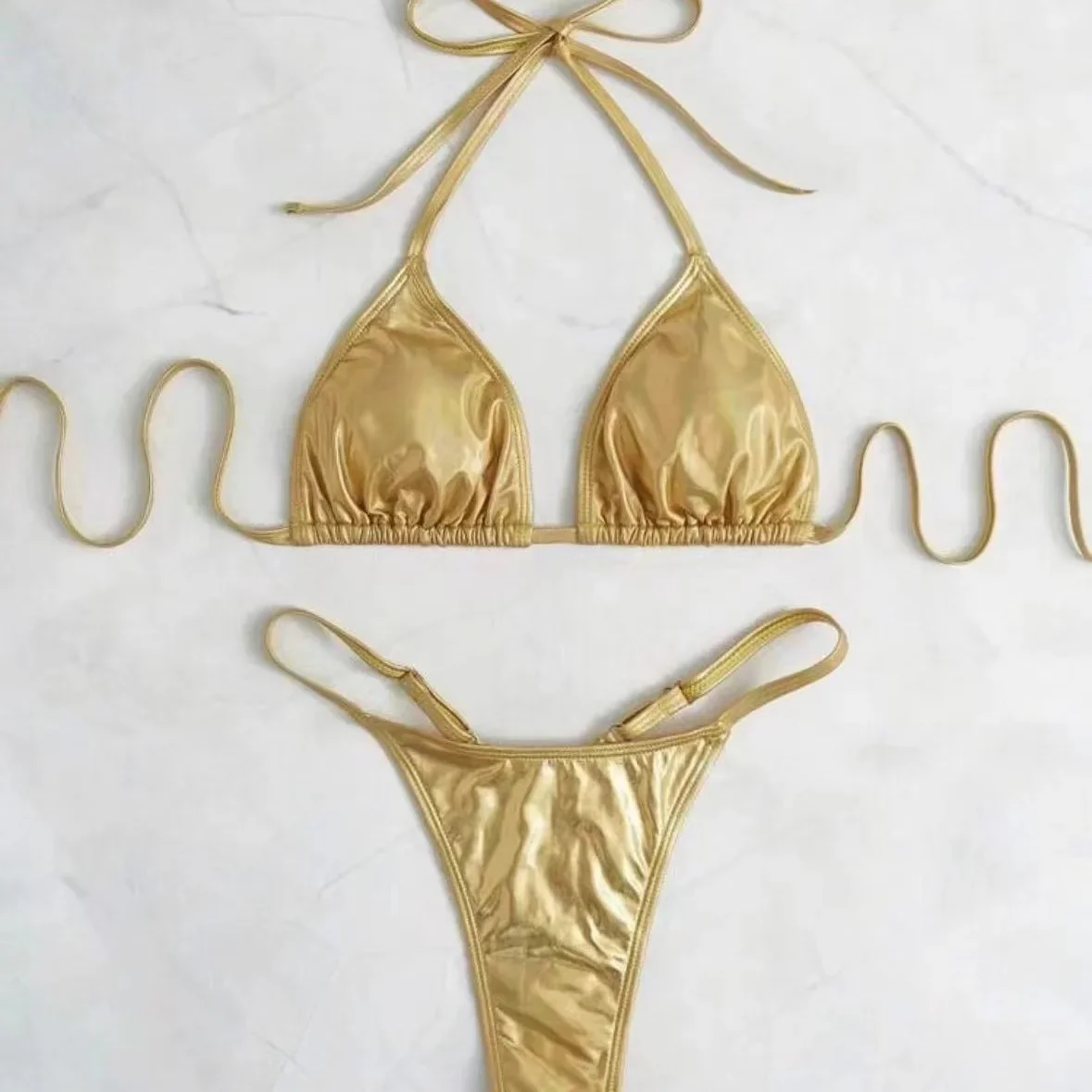 

Sexy Metallic Gold Glitter Halter Bikinis Sets Two Pieces Women Thong Bandage Swimsuit Female Bathing Suit Swimwear Biquini