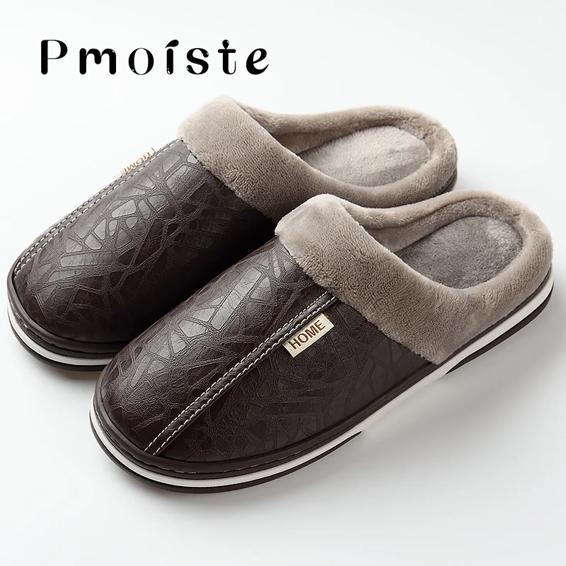 Furry Men Home Slippers PU Leather Winter Indoor Slippers with Fur Waterproof Massage Foam Male House Slipper Soft Plus Size 51