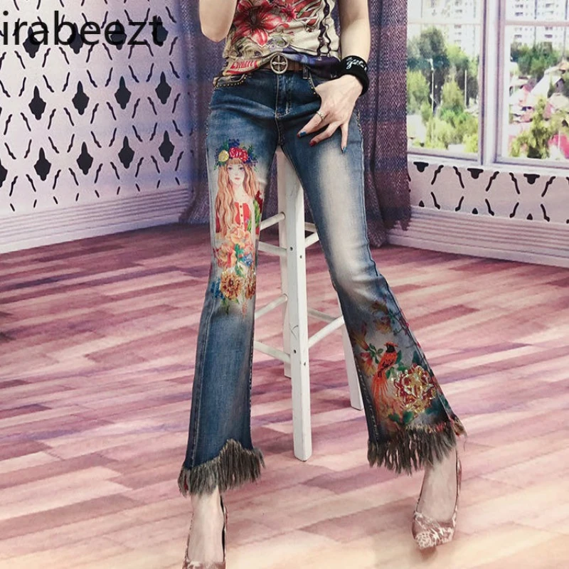 

​ ​Women's 2025 Autumn Floral Rhinestone Trousers High Waist Wide Leg Flared Denim Pants Vintage Boho Chic Women’s Jeans