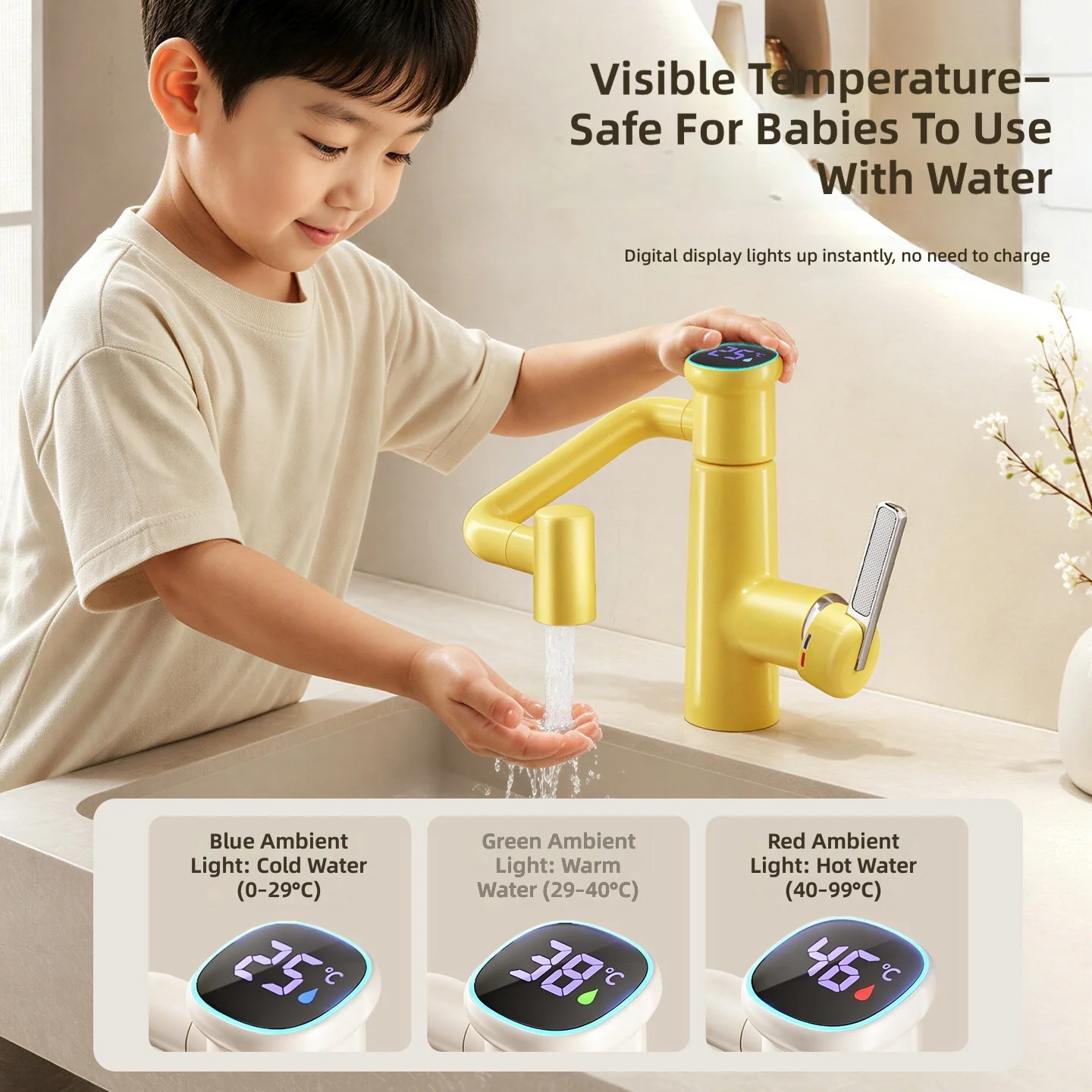 # デジタル表示機能付き水栓、クリーム色のミニオン風デザイン - Home Bathroom Sink のレビューと価格