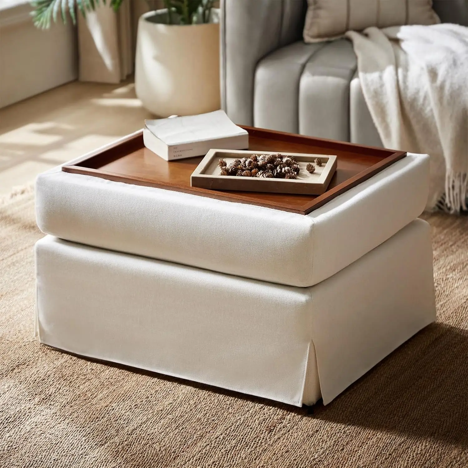 Ivory Storage Ottoman Coffee Table Footrest Bench 36