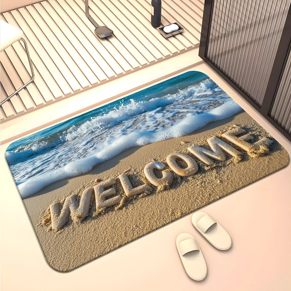 VIKAMA Seaside Wave Welcome Floor Mat Sandy Beach Embossed‑look Letters Surf Decor Non‑slip Stain‑resistant Household Rug
