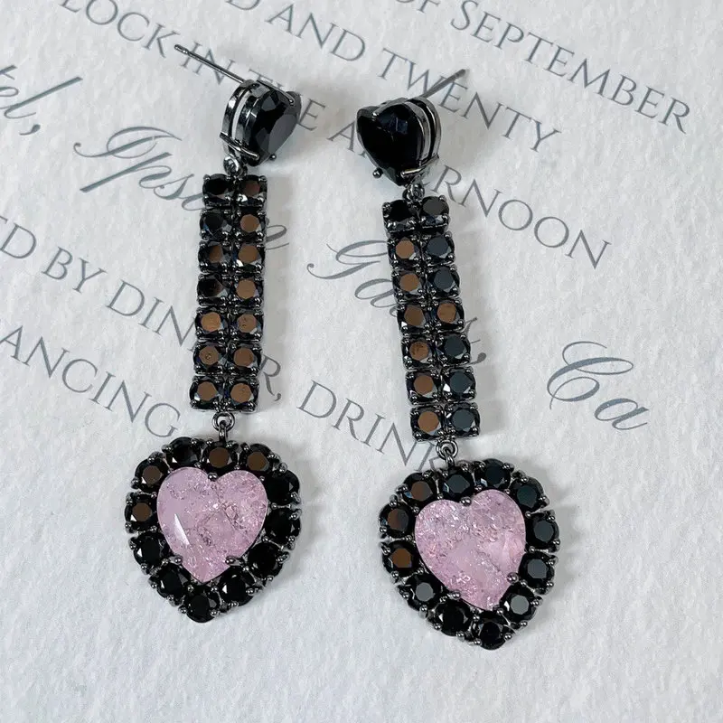 Bilincolor Fashion Long Black Zirconia and Blue Heart Earring for Women