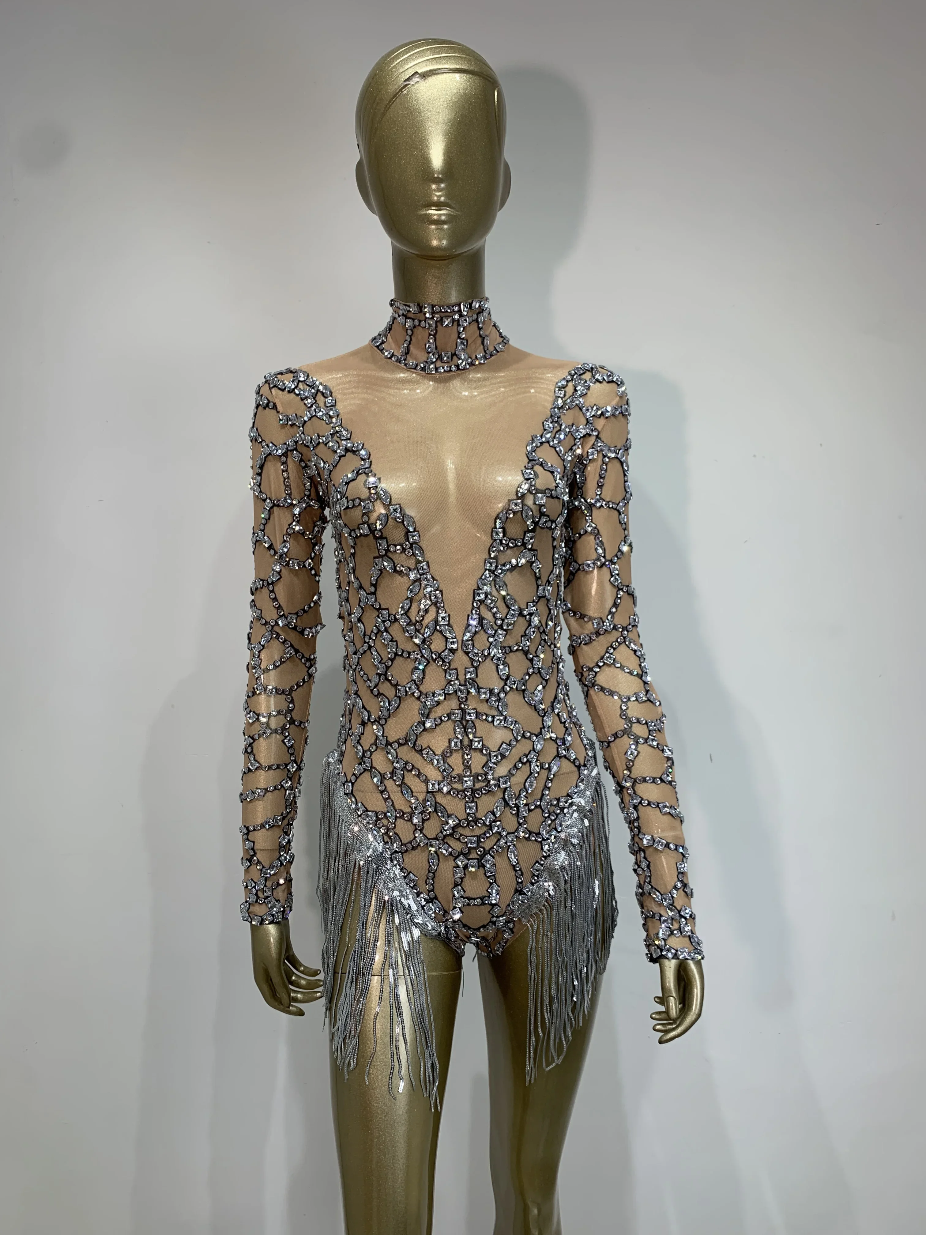 

Women Long Sleeve Shinning Rhinestones Mesh See Through Bodysuit Tassel Celebrate Nightclub Party Bar Dancer Stage Outfit