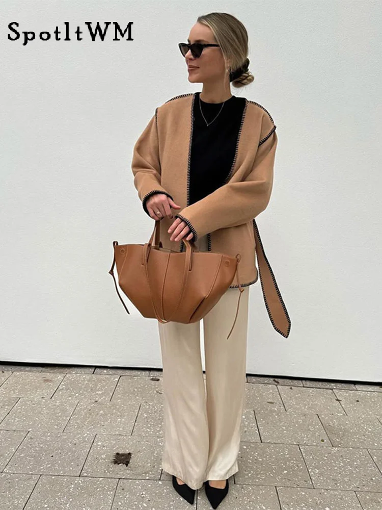 

Fashion Contrast Open Stitch Loose Women Jacket Casual Long Sleeves Short Coat With Belt Autumn Winter Female Commute Streetwear