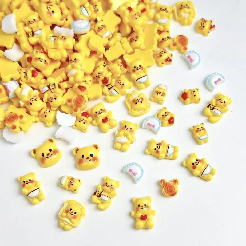 30PCS Hars Cartoon Kawaii Boter Beren Nail Art Charms Poeder Blusher Hart Schort Gele Beer Nageldecoratie DIY Nail Haarspeld