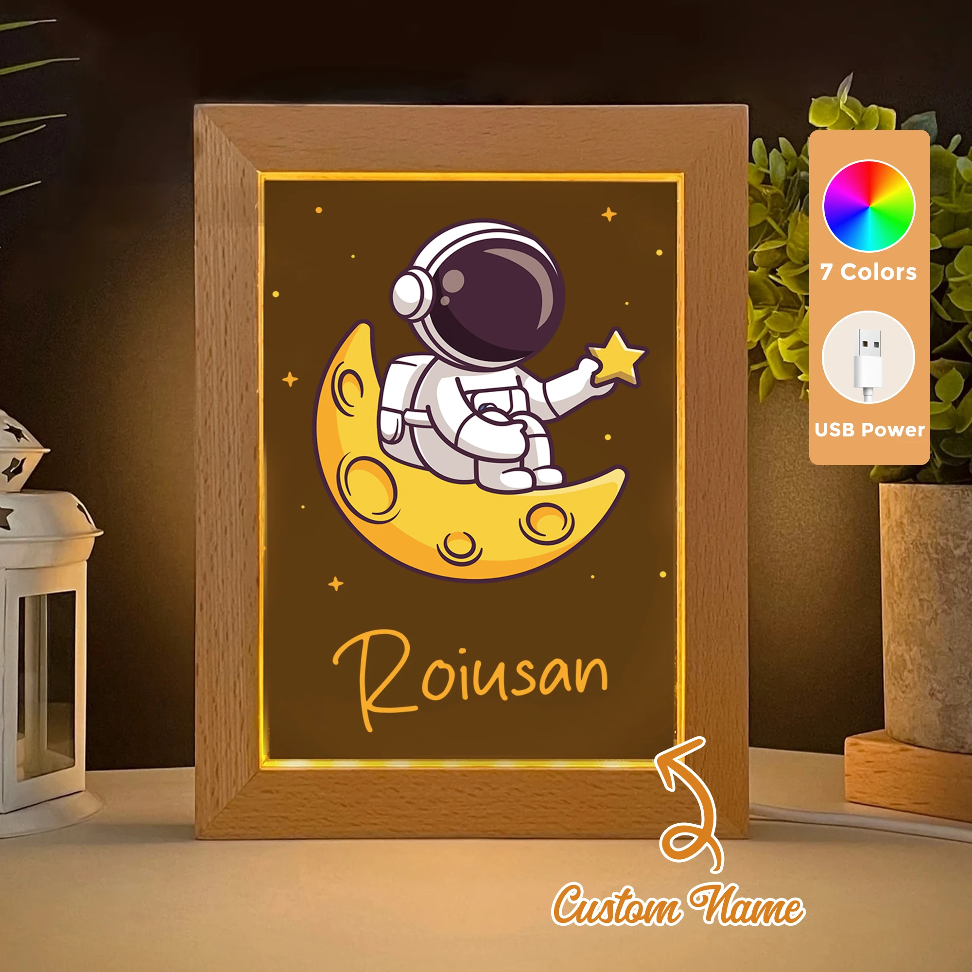 

Custom Name Star Astronaut LED Acrylic Night Light Wood Photo Frame 21x17cm Cartoon Children Bedroom Gifts Home Decor Gift