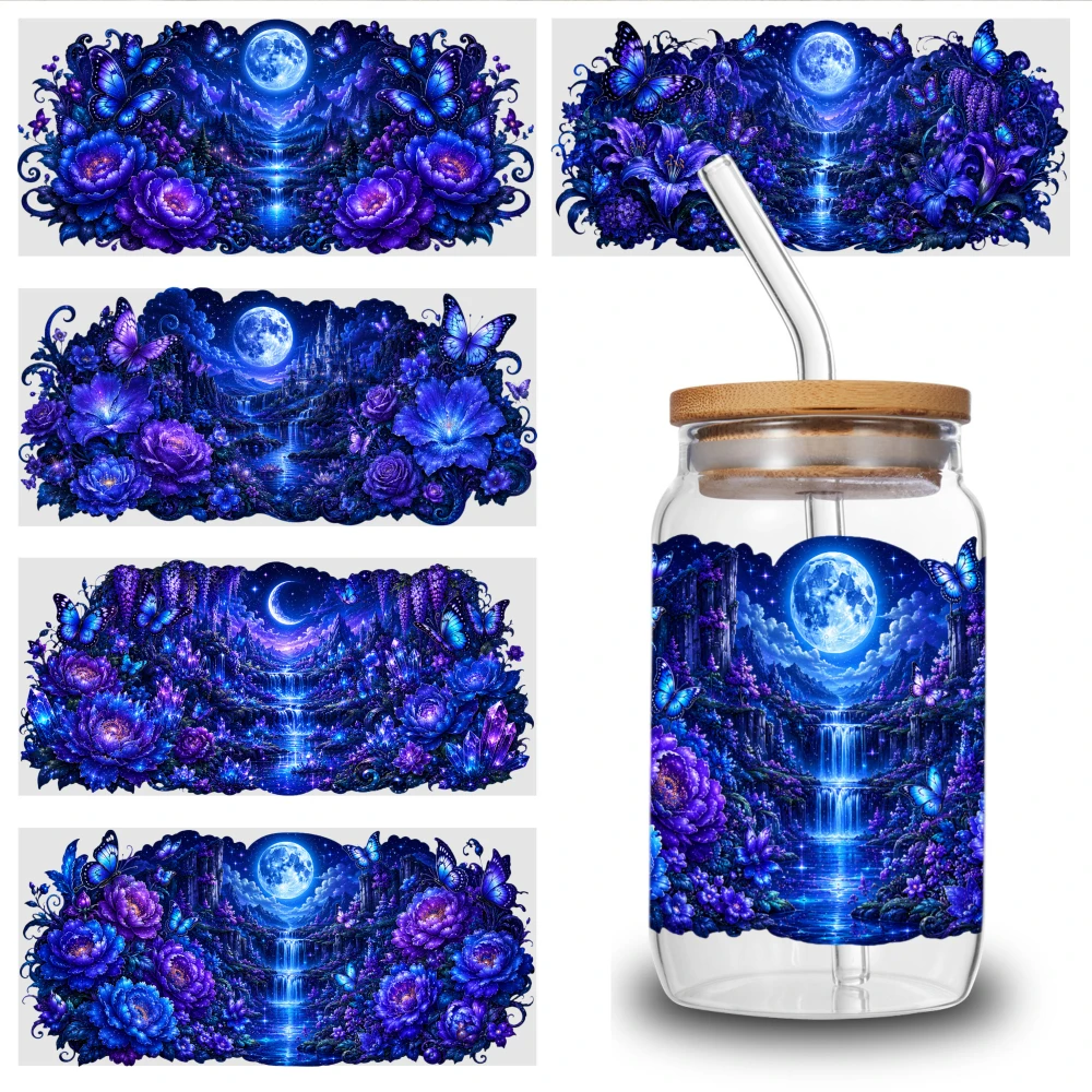 5 Sheets Mystical Moonlit Floral Cascade UV DTF Stickers DIY Water Bottle Glass UV DTF Stickers Mug Decoration Gift