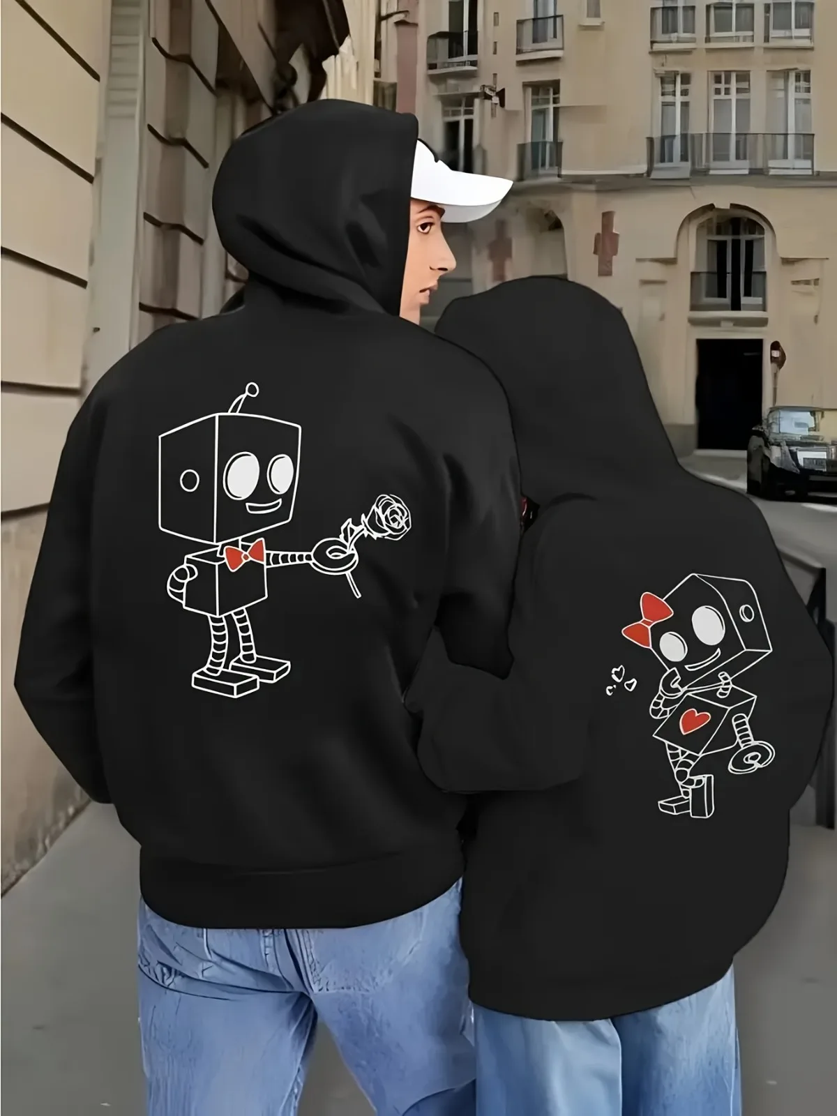 

1PC [Couple Style] Fashion Robot and Heart Pattern Design Matching Couple Hoodie Comfortable Loose Valentine's Day Gift Hoodie