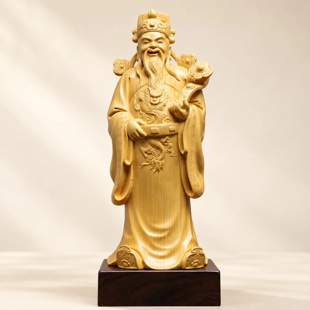 Finely Carved Wooden Caishen Wealth God Holding Ruyi Statue Traditional Chinese Feng Shui Home Living Room Office Tabletop