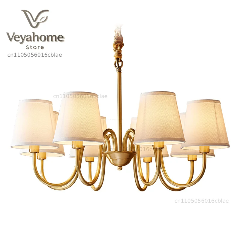 Medieval Living Room Copper Chandelier Retro Dining Room Modern Luxury Fabric Hanging Lamp Bedroom Simple Pendant Lighting