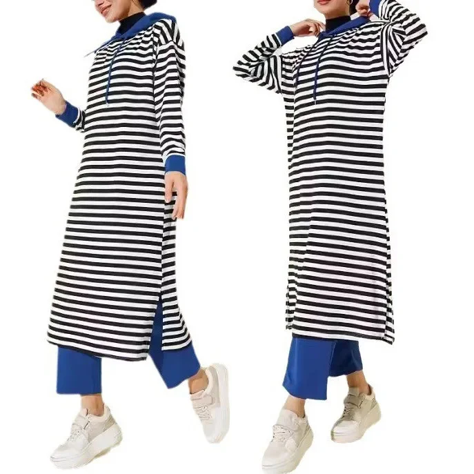 Muslim Two Piece Set Women Stripe Hooded Long Skirt Wide Leg Pants Suit Ramadan Morocco Dubai Casual Ensemble Arabic Outfits