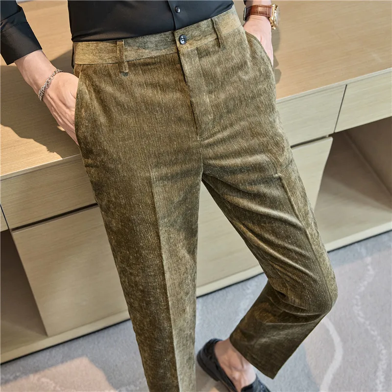 Business Casual Slim Fit Men's Ankle-length Trousers, Thickened Velvet Trousers, Straight Trousers for Stage Performance 2024.