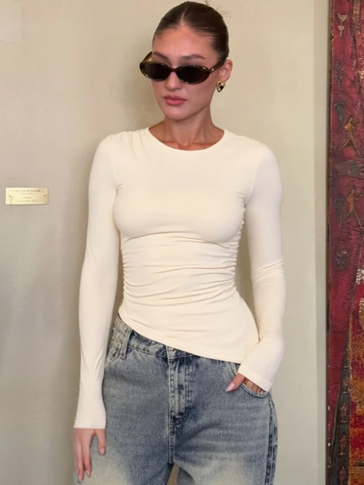 

FDYOUI Woman O-neck Long Sleeve Irregular T-shirts Streetwear Y2K Girls Solid Slim T Shirt Tunics Ruched Asymmetrical Tees Tops