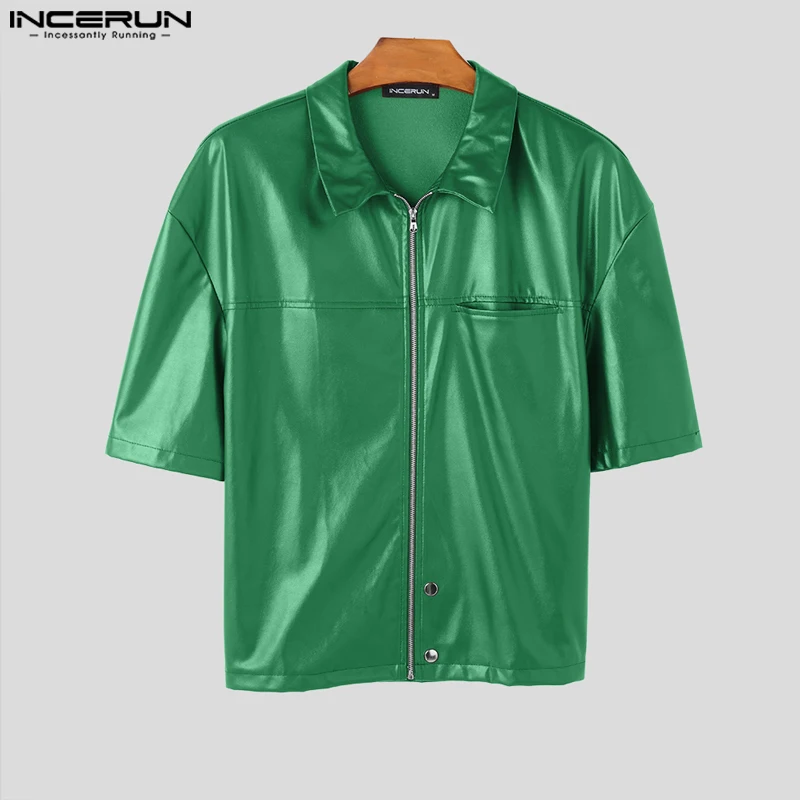 

INCERUN однотонная мужская рубашка из искусственной кожи с лацканами и коротким рукавом, мужская одежда на молнии, летняя уличная одежда 2026, модная повседневная Camisa
