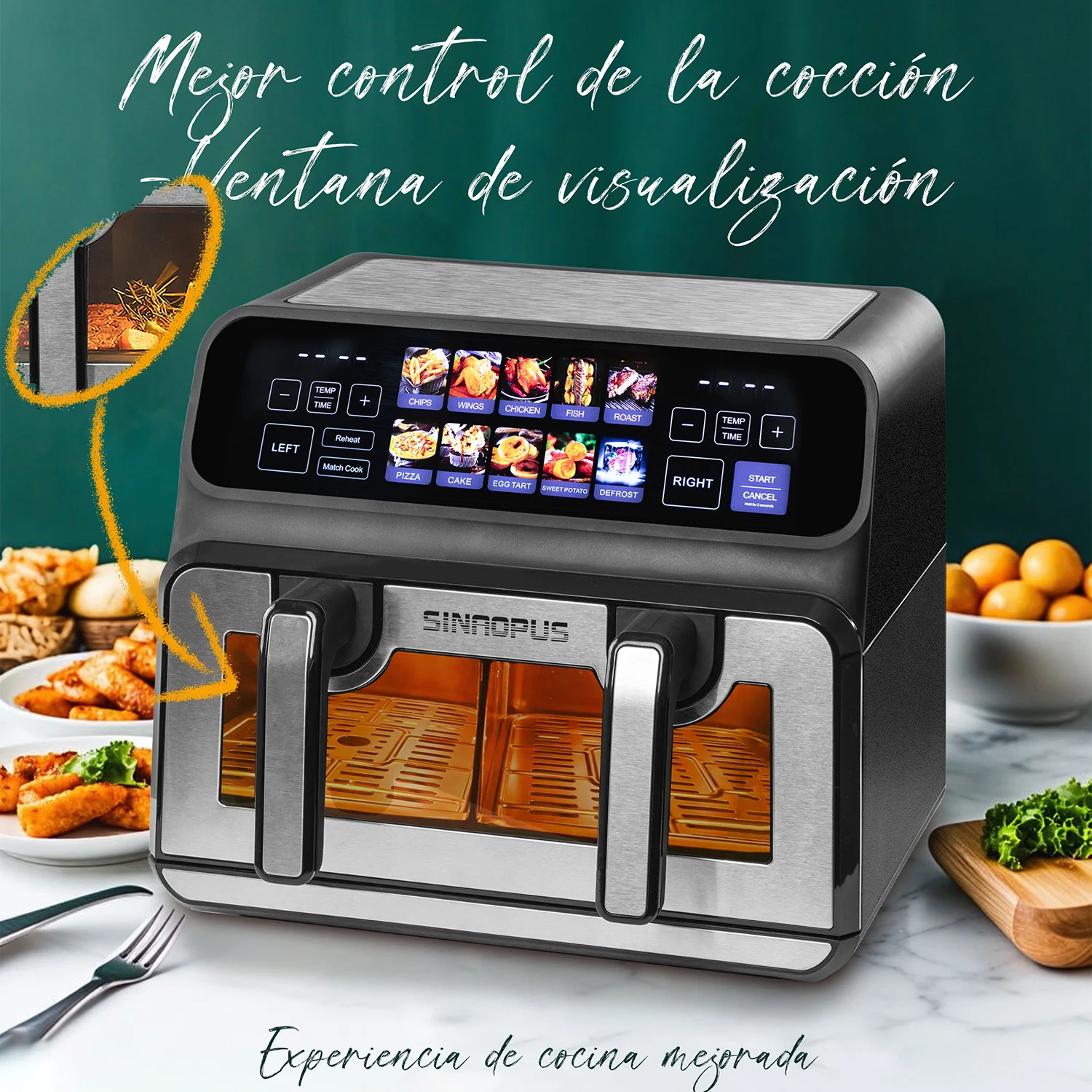 Freidora de Aire Sinaopus 9L XXL 2200W de Doble Cámara, Freidora sin Aceite con Panel LED Táctil, Programas Automáticos, Control de Temperatura y Temporizador