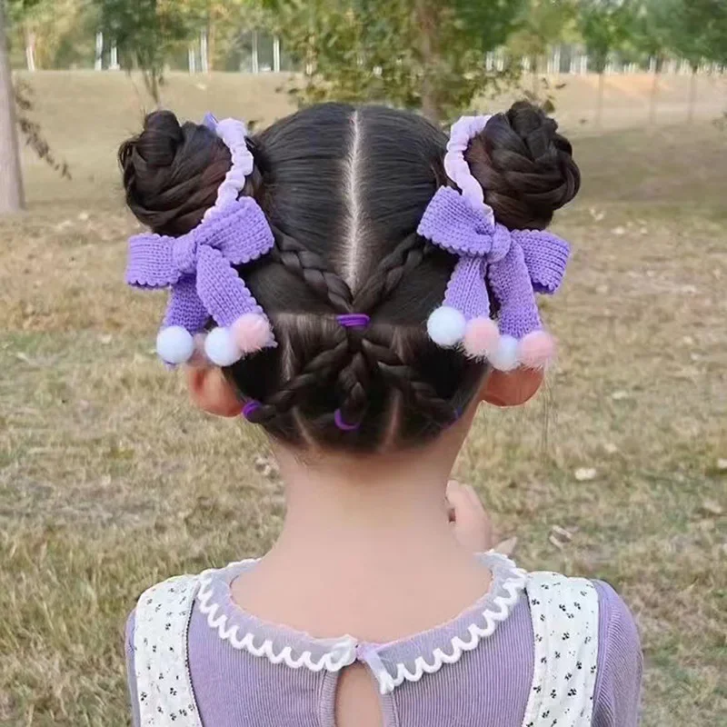 1PCS Cute Plush Small Ball Knitted Bow Girls Kids Elastic Hair Bands Children Hair Ties Princess Hair Accessories Baby Headwear