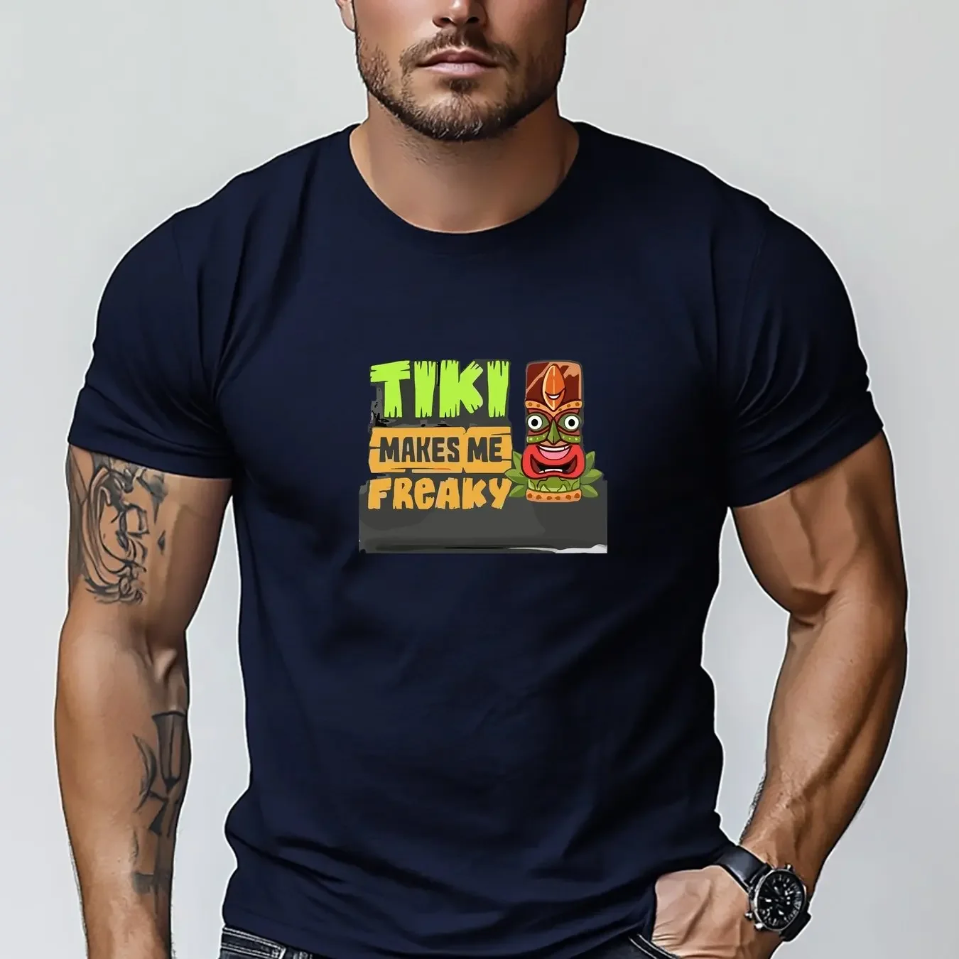 Men Tiki Makes Me Freaky Funny Tiki Totem Graphic T Shirt Hawaii Tropical Loose Short Sleeve Unisex Casual Tee