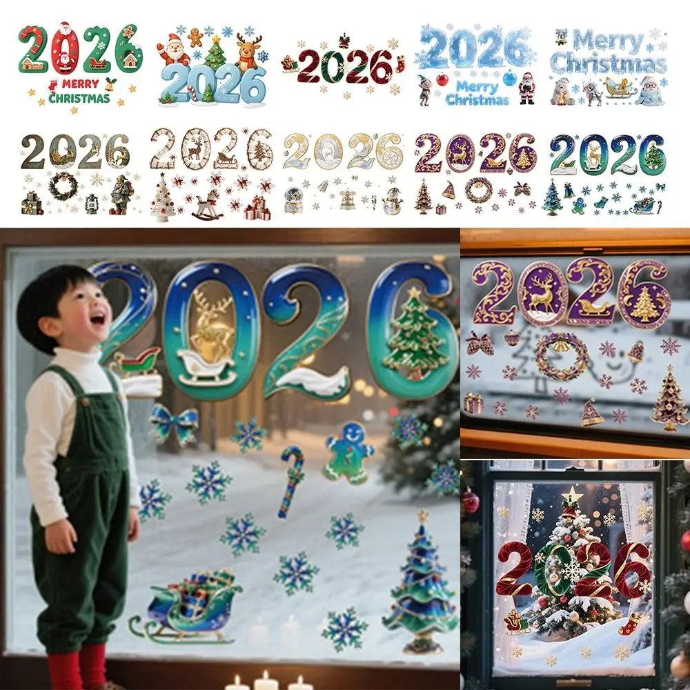 متعدد الألوان 2026 ملصقات أرقام ثلاثية الأبعاد جرس شجرة عيد الميلاد DIY ملحقات نافذة ملصقات الكرتون سانتا الزجاج ملصق