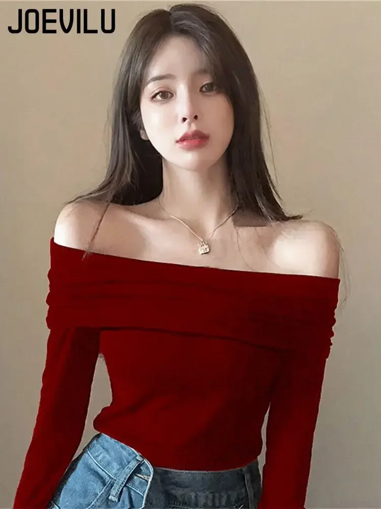 

Off Shoulder Top French Collarbone Exposed Long Sleeved T-shirt Spring and Autumn High End Lining Women Clothing Aesthetic Tee