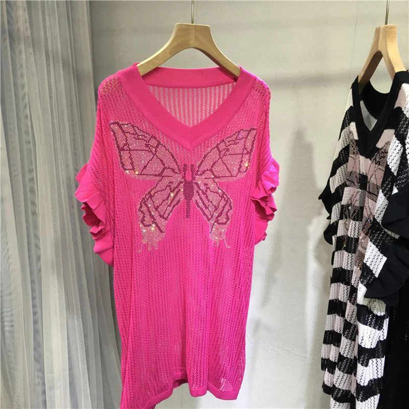 Fashion Hollow Out Diamonds Butterfly Sleeve Blouses Women's Clothing 2024 Summer New Loose Knitted All-match Tops Casual Shirts