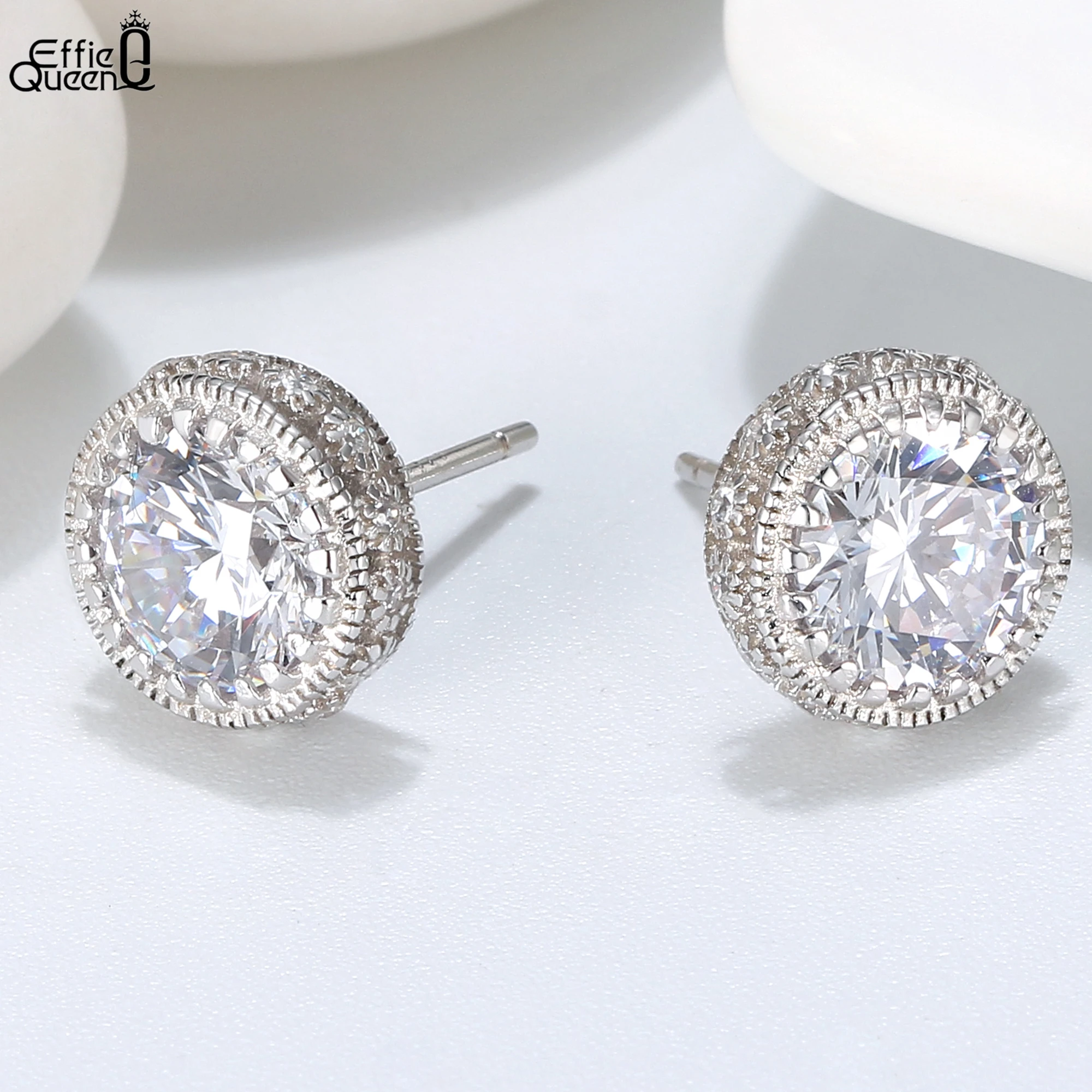 

Effie Queen Luxury Round Stud Earrings 925 Sterling Silver Exquisite Wedding Jewelry Shiny White Zircon Earrings For Women SE231