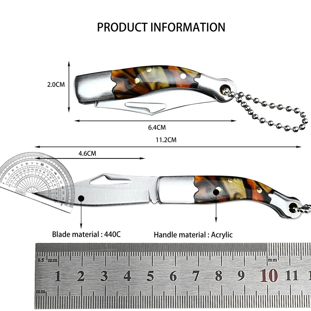 Mini Keyring Folding Pocket Knife 440C Blade Acrylic Handle Outdoor Neck Chain Knives Self Defense Camping EDC Cutter Tools Faca