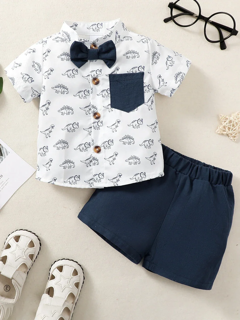 2Pcs Infants Baby Boys Gentleman's suit 3-24M Toddler Baby Boys casual Clothing Cute Dinosaur Pattern Top+Bule Shorts