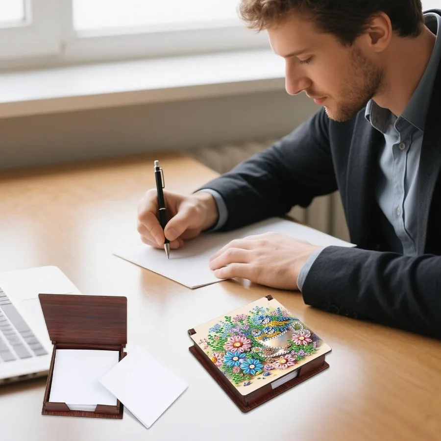 Note Storage Box Diamond Art Painting Wooden Message Paper Storage Note Box Reusable Sticky Note Holder for Work Desk Organizat