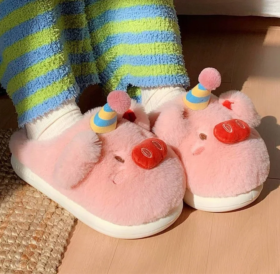 Fluffy Pink Piggy Slippers for Women Winter Indoor Anti-Skid Home Slippers Warm Furry Piglet Mules Shoes Animal Slippers Adult