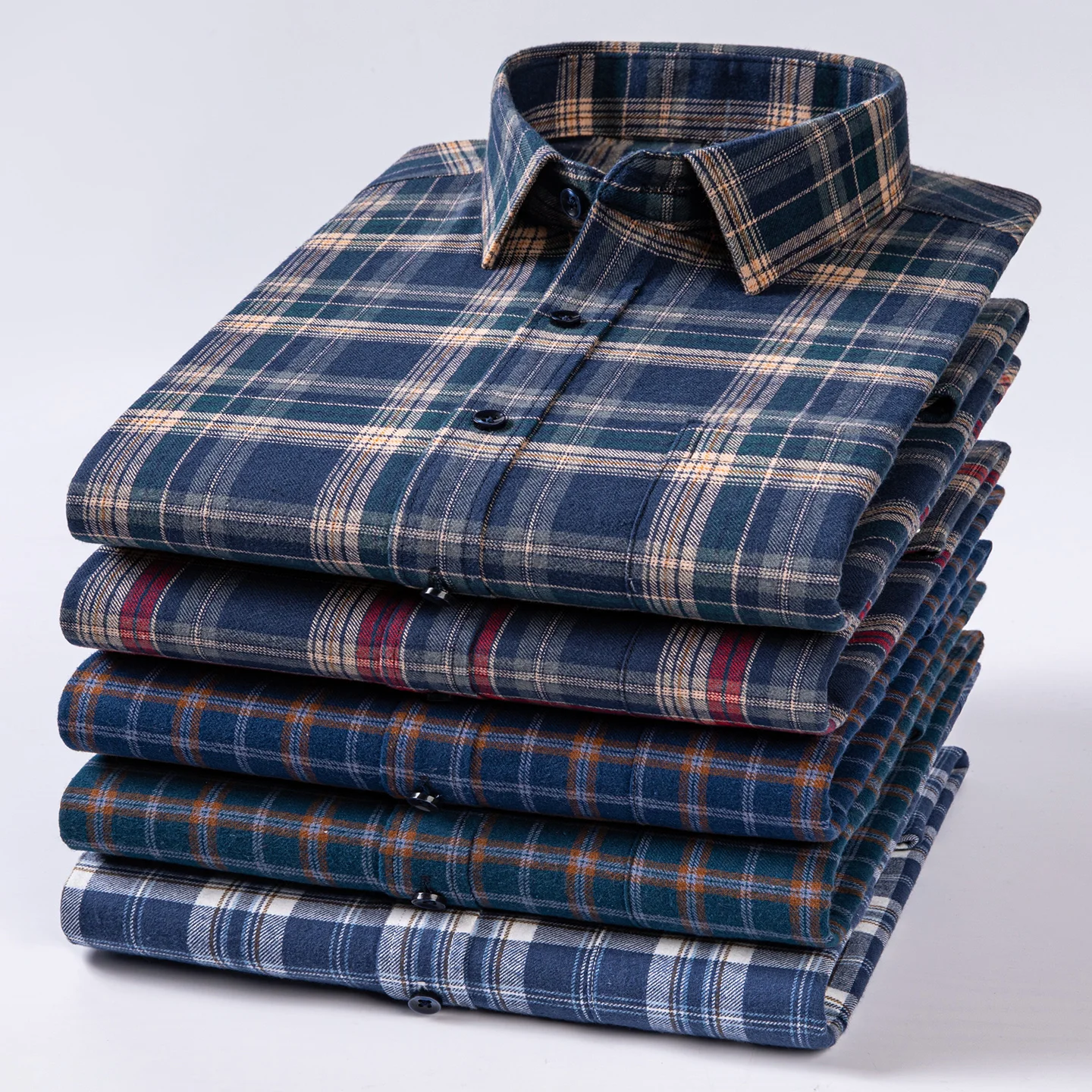 

over size 100%cotton brushed plaid long sleeve shirts for men single pocket casual tops soft vintage elegant designer clothes