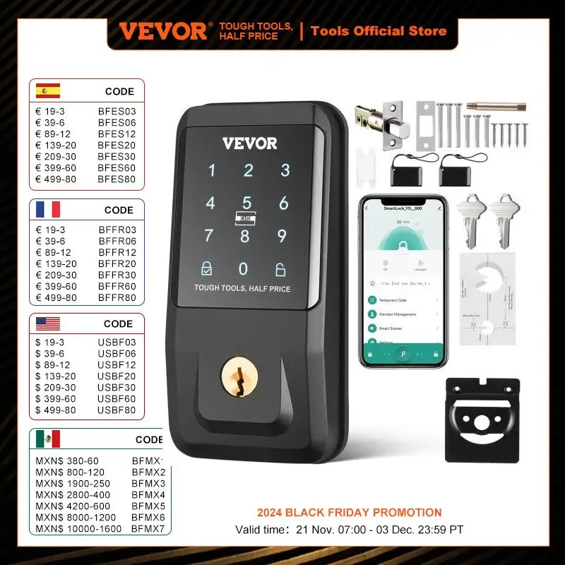 VEVOR Smart Lock Keyless Entry Door Lock with Bluetooth App Control Electronic Keypad Spare Keys Smart Door Knob Keypad Deadbolt