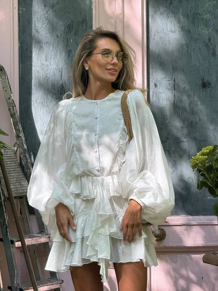 Chic em torno do pescoço manga cheia mini vestido elegante sólido em camadas curling borda único breasted vestido nova senhora highstreet