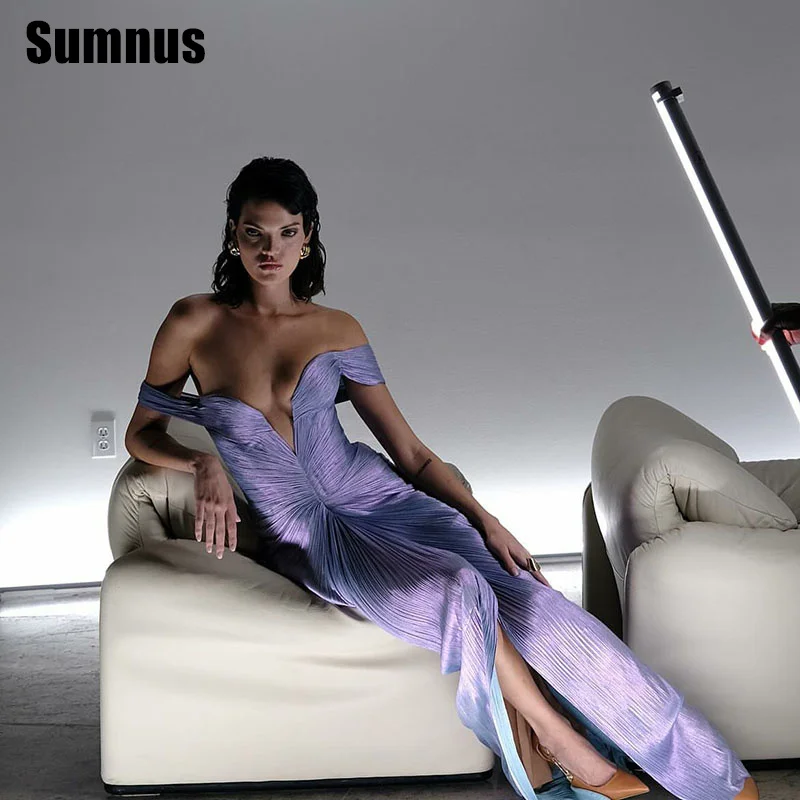 

Sumnus очаровательное фиолетовое платье русалки для выпускного вечера с открытыми плечами и складками по бокам, вечерние платья длиной до пола, вечернее платье по индивидуальному заказу
