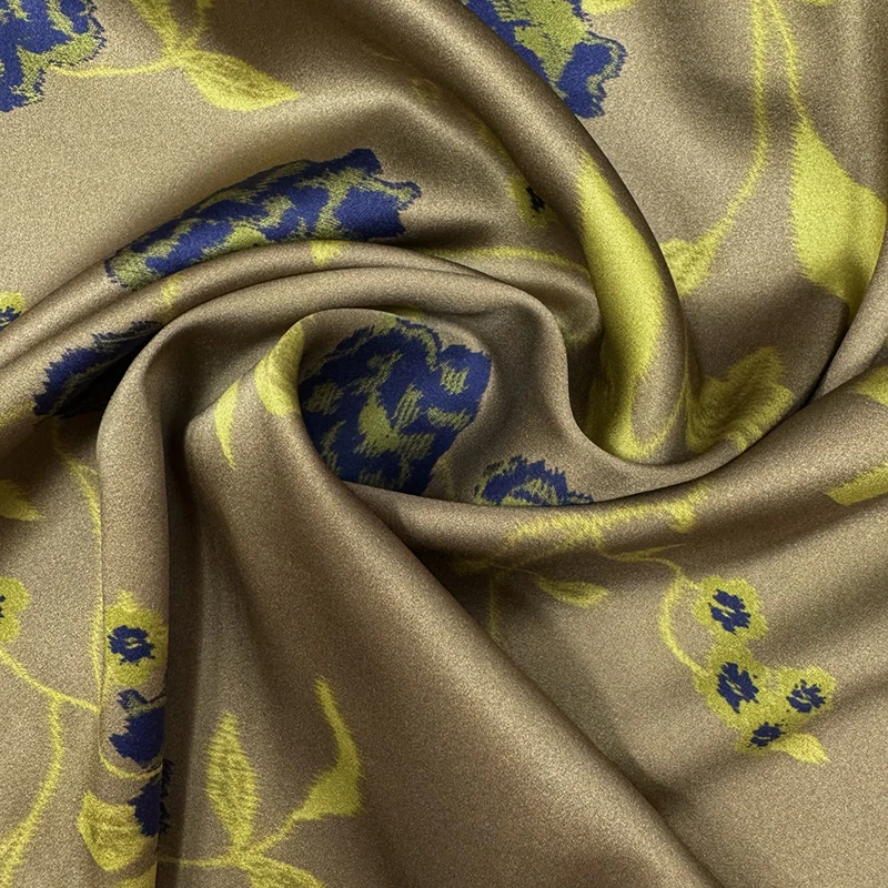 1 meter 95% Mulberry Silk 5% Spandex 25 momme Charmeuse Silk Fabric Khaki with Floral Printed 140cm 55