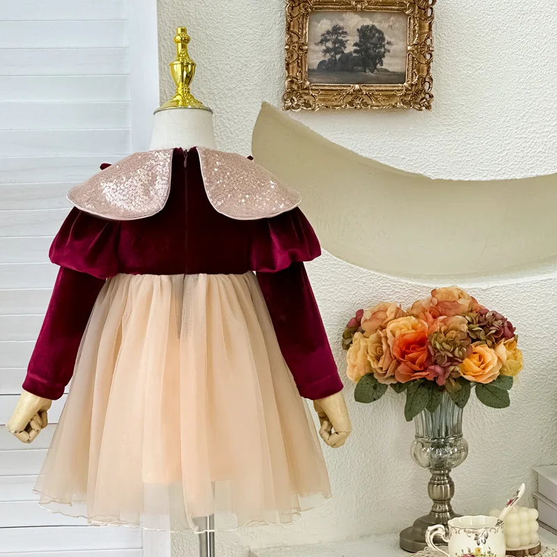 Kids Girls Dress Spring Autumn Elegant Peter Pan Collar Bow Little Girl Princess Dress Spliced Velvet Children Girls Dress