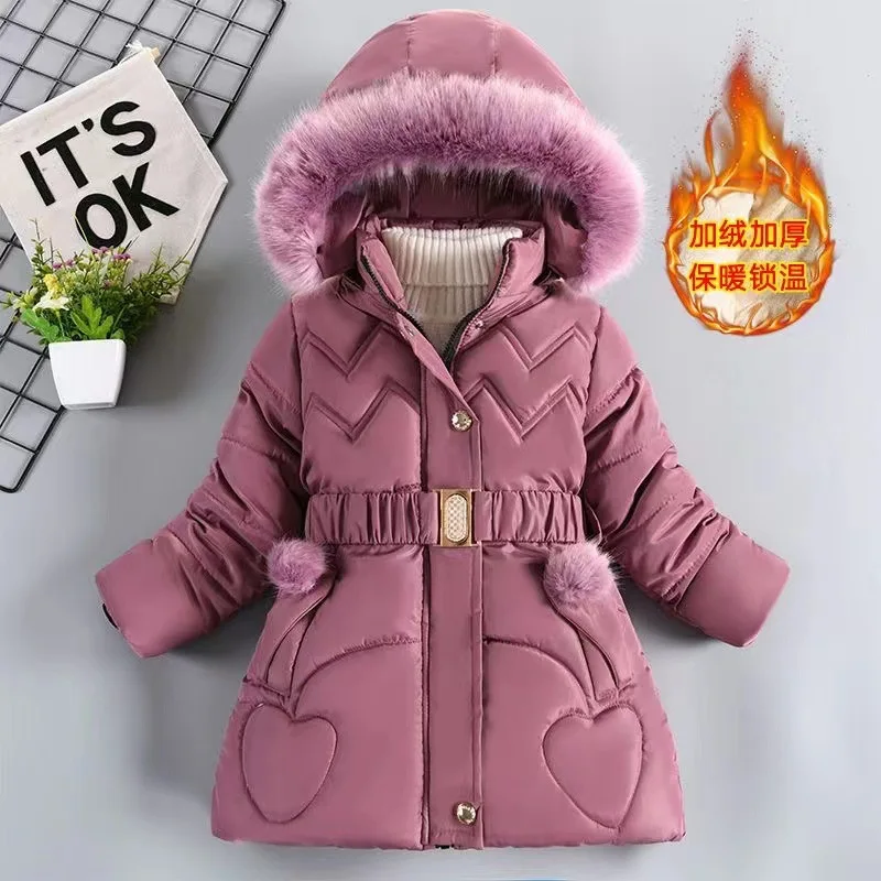 Long Teen Girls Jacket Winter Solid Color Peach Heart Print Plus Velvet Hooded Coat For 4-10Y Kids Thick Down Cotton Snowsuit