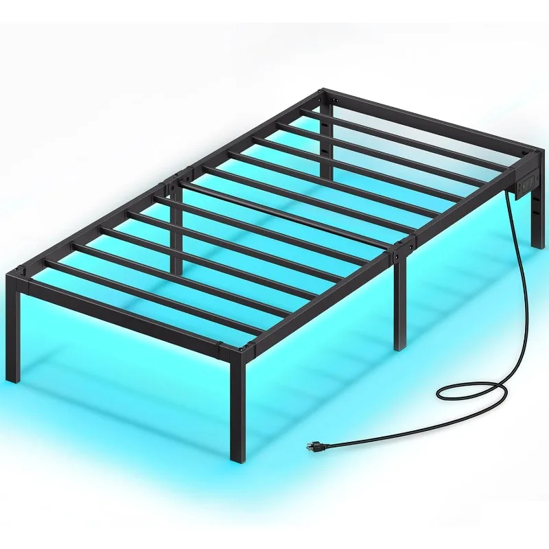 Bed Frame with USB Charging Station, Twin Bed Frame with LED Lights, Platform Bed Frame with Heavy Duty Steel Slats,