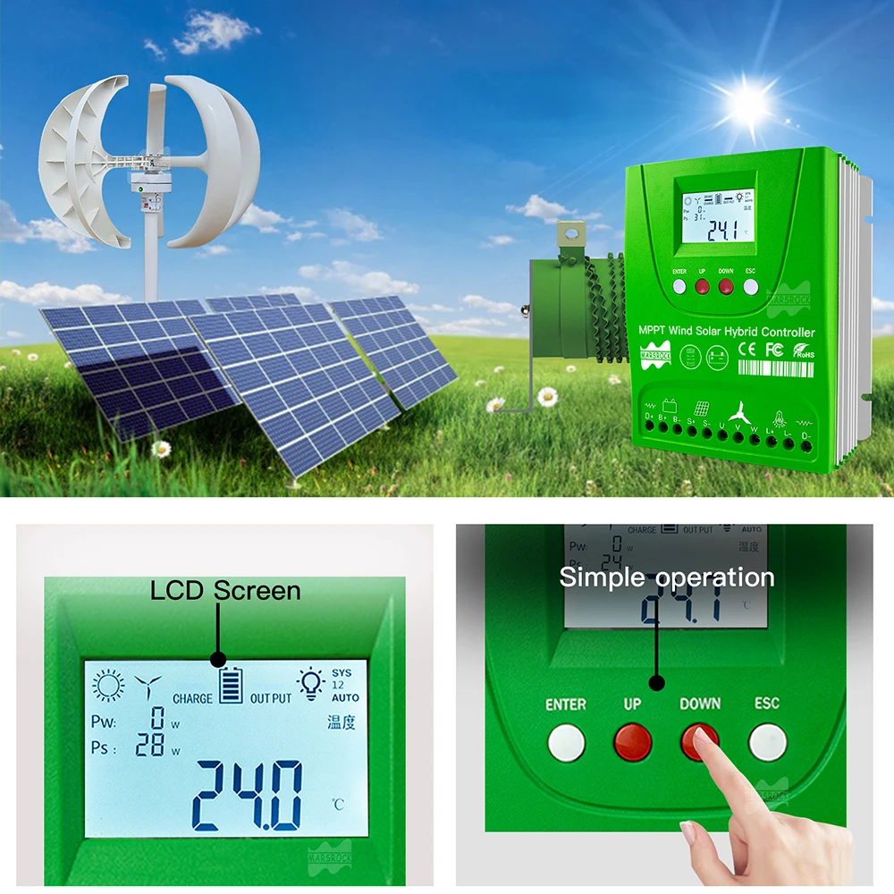 800W 12V 24V 48V Solar and Wind Hybrid Controller With Bluetooth MPPT Wind and Solar Regulator for Lithium Lead-acid Gel Battery