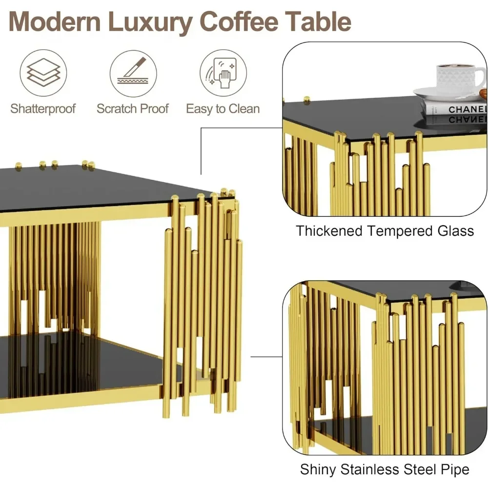 Couchtisch, moderner Wohnzimmertisch, goldfarbener Edelstahl, Metallbeine, rechteckiger Mitteltisch aus gehärtetem Glas für das Heimbüro