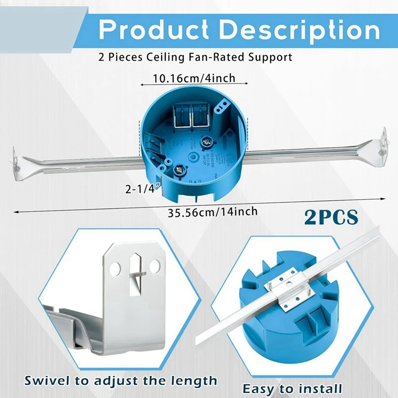 ABVJ-2 Uds. Caja eléctrica con soporte para ventilador de techo, caja eléctrica ajustable de 14,25 a 22,5 pulgadas y soporte para ventilador con barra de soporte