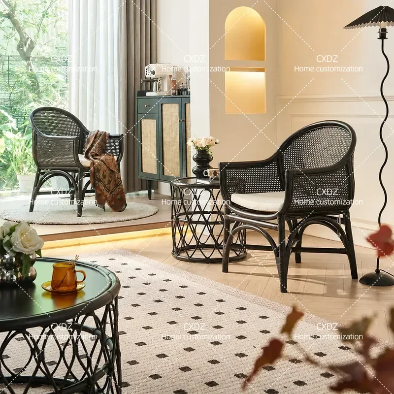 Wabi Style Rattan Armchair Single Sofa Chair Retro Three Piece Set Small Apartment Living Room Balcony Leisure Chair