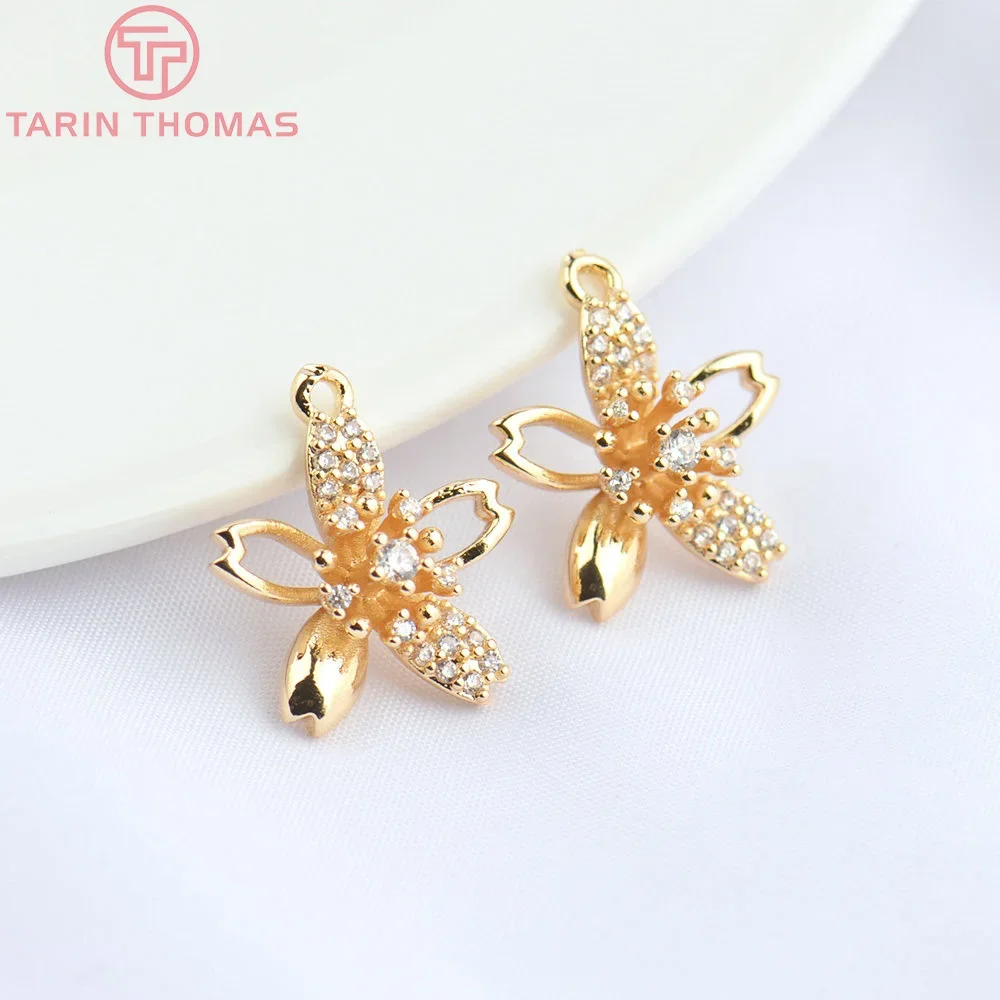 

(4826) 10PCS 15x14.5MM 24K Champagne Gold Color Brass with Zircon Flower Shape Pendants High Quality Jewelry Making Findings